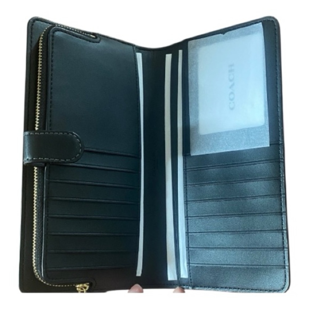 NWT Coach Black Smooth Leather Slim Wallet Zip Snap Long Wallet Logo - Picture 4 of 10